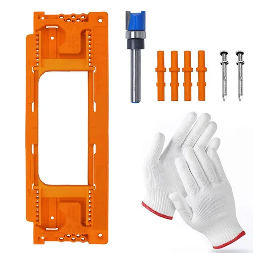 Adjustable Door Hinge Routing Template Jig Kit with Alloy Trimming Bit and Locating Pins for Woodworking Door Frame Mortise Installation (Orange+ Gloves Set)