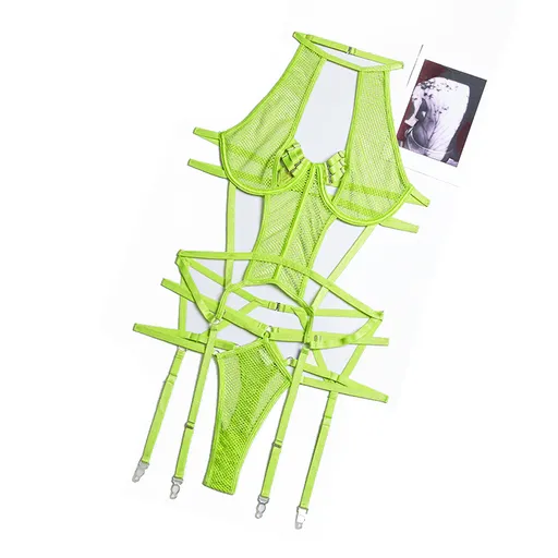 House Of Dasein Mesh Sexy Strappy Bandage Bodysuit Women Lingerie Colour Black Royal Blue White - Neon Green - L