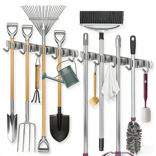2 Pack Wall Mounted Broom And Mop Holder Set, Stainless Steel Organizer Rack With 4 Shelves And 5 Hooks, For Garage Kitchen Bathroom, Gray, 49 x 2 cm