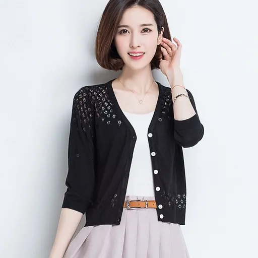 Muse Women V Neck Cardigan Thin Ice Silk Black Size: M; Height (cm): 160-165; Weight (kg): 50-55; Bust (cm): 86-90; Waist (cm): 70-74; Shoulder width (cm): 38; Length (cm): 60