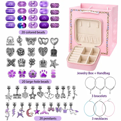 Purple Kids DIY Bead Jewelry Making Kit - 68 Pcs Alloy & Plastic Charm Bracelet & Necklace Set with Storage Box, Creative Birthday Gift for Girls