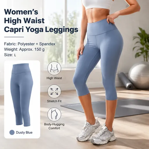 Dusty Blue L Size Women's High Waist 3/4 Yoga Leggings - Peach Hip Lift Design, Breathable Stretch Fabric for Gym Running and Daily Wear