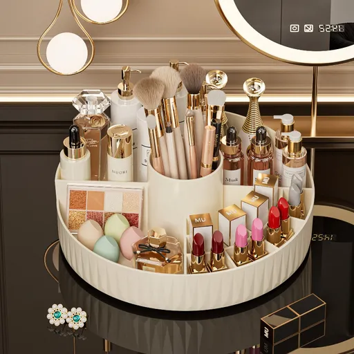Rotatable Luxury Cosmetic Organizer Desk Large Capacity Skincare Storage Shelf Vanity Tidy Tray Cosmetic Storage Box（cream color）