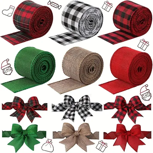 Christmas Wired Edge Ribbons Fabric Ribbon Roll Black Red White Buffalo Plaid Ribbon Wide Craft Ribbon Xmas Tree Crafts Decoration DIY Gift Wrap,2 Inch X 5 Yards Each Roll