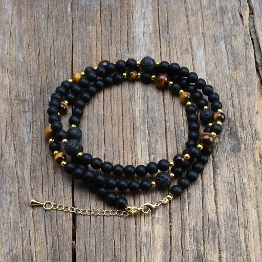 Beaded Necklace Black Onyx Bead 29 Inch Men's Necklace Lava Rock Stone Women's Necklace