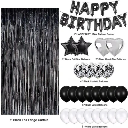 Black and White Premium Foil Balloon Party Kit – Happy Birthday Banner, 2 Star & 2 Heart Foil Balloons, 10 Confetti + 10 Pearl Latex Balloons, 2m Fringe Curtain & 10m Ribbon – Elegant, Easy Setup for Birthdays & Celebrations