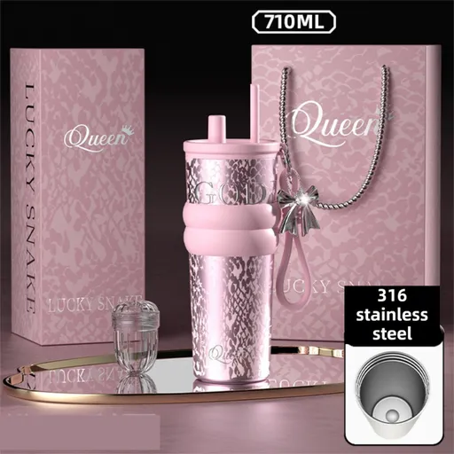 710ML Pink Luxury Gradient Textured Aurora Starry Night Insulated Travel Mug (Bow Pendant Gift Box) – 316 Stainless Steel Car Coffee Tumbler with Pop-Up Straw Dual Lid, Sinking Tea Infuser Ball and Cup Sleeve