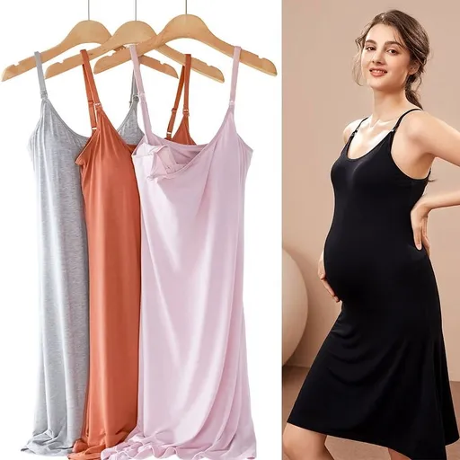 Women's Nursing Nightgown Maternity Dress Padded Breastfeeding Full Slips Loose Sleepwear Sleeveless Nightshirt