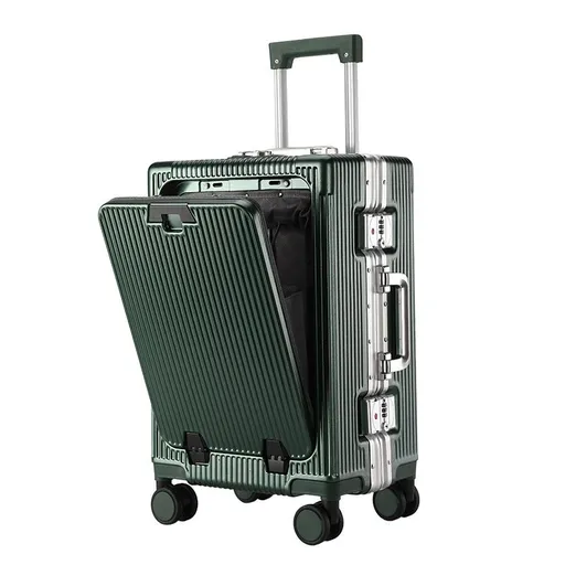 20 Inch Front Opening Carry On Luggage, Aluminium Frame Hard Shell Suitcase with Spinner Wheels, TSA Lock Cabin Travel Case-Green