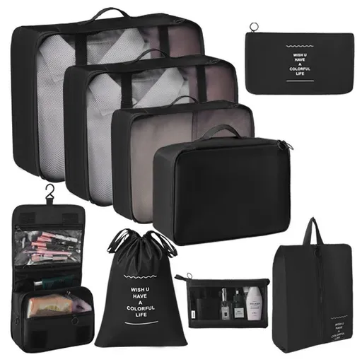Multi-Function Luggage Storage Pouches For Garments, 9 Pcs Travel Organizer Kit With Hanging Toiletry & Makeup Bag, Black, Durable Journey Gift