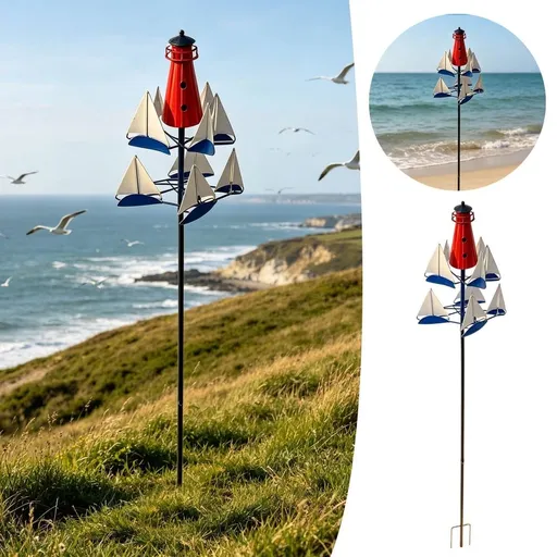 Windmills Wind Sculpture Large Metal Nautical Art Garden Windmills Sailboat Wind Spinners Decor for Outdoor Yard Garden Summer Lighthouse Theme 1 Piece