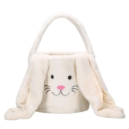 White Cute Plush Bunny Easter Basket with Long Ears and Personalization Option for Kids Egg Hunt and Spring Celebration