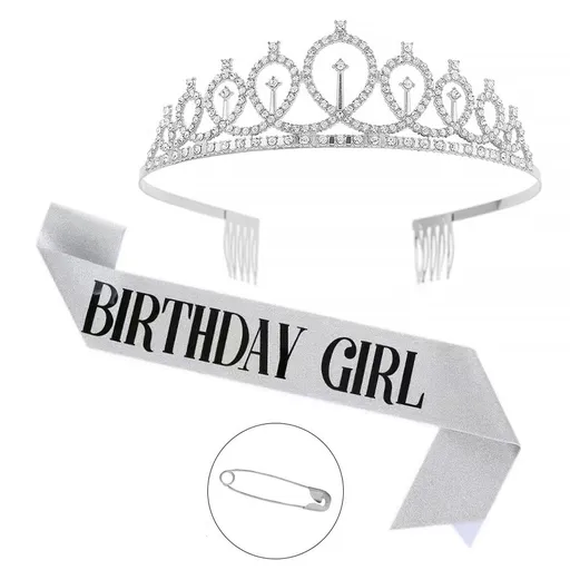 2-piece Silvery Birthday Girl Tiara and Sash Set - Elegant Rhinestone Alloy Crown with , Glitter "BIRTHDAY GIRL" Sash & Safety Pin - Perfect Princess Party Accessory for Women and Girls