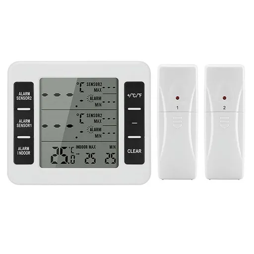 1Set Wireless Freezer Thermometer 2 Remote Sensors Alarm Low Temperature Refrigerator Clock