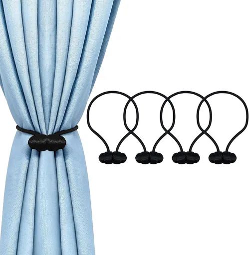 Black Magnetic Curtain Tiebacks - 4pcs Decorative Curtain Tie Backs, No Drill Closure Drapery Tiebacks Holdbacks, Boho Drapes Straps Ropes for Bedroom, Bathroom, Farmhouse Decor