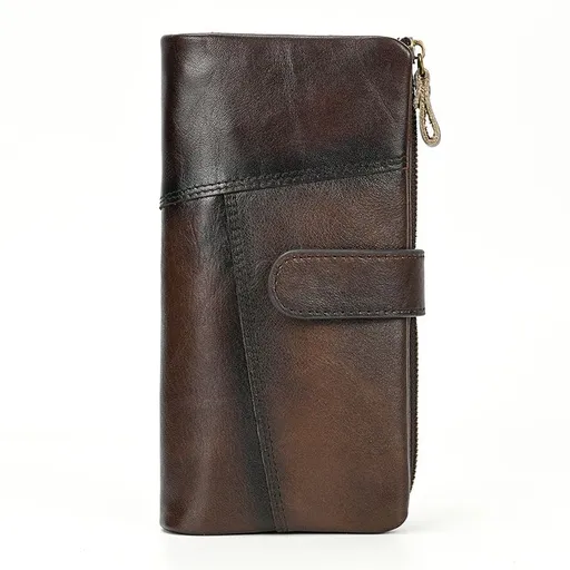 Vintage Distressed Crazy Horse Leather Double Zip Long Wallet, Top Grain Leather Bi-Fold Large Capacity Clutch, RFID Blocking Men's Wallet，（brown）