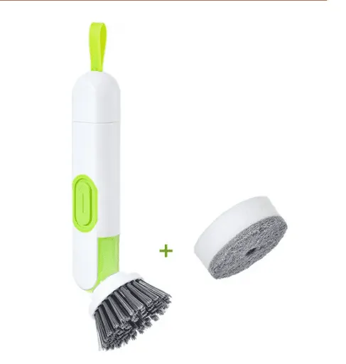 2 Head Press Liquid Dispensing Cleaning Brush, handheld kitchen dish and pot scrubber with replaceable heads for sinks tiles and bathrooms