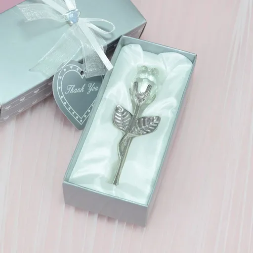 2 Set of White Crystal Rose Flower with Silver Gift Box and Silver Plated Stem Leaf – Elegant Crystal & Metal Rose Ornament | Wedding Party Gift, Valentine's Day & Anniversary Keepsake