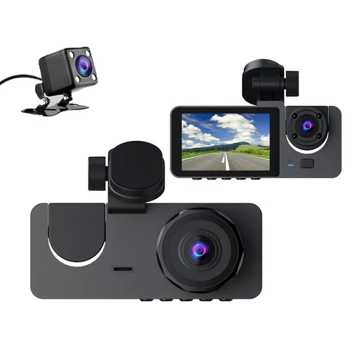 3 inch screen Dash Cam with Front, Cabin and Rear Cameras, Full HD Loop Recording, Night Vision and Parking Monitor