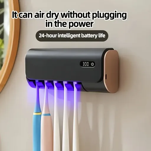 Mini Smart UV Toothbrush Sanitizer Wall Mount No-Drill USB Charging 1800mAh Li-ion Battery 5-Slot Hot Air Dry Bathroom Organizer(black)