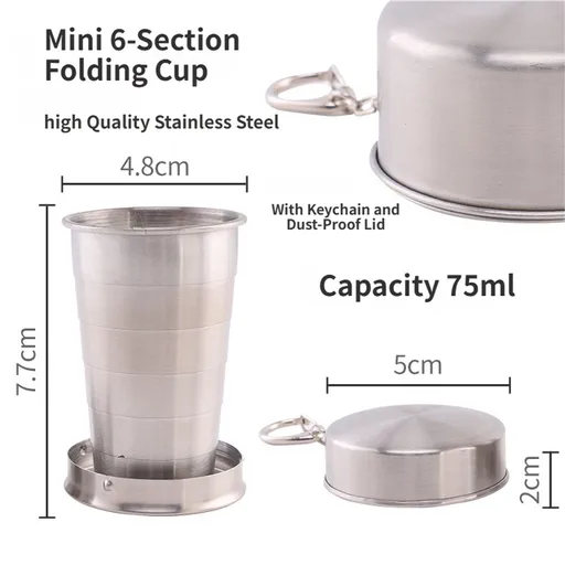 75ML Silver Stainless Steel 6-Section Telescopic Travel Cup with Keychain & Dust-Proof Lid for Outdoor Hiking and Camping