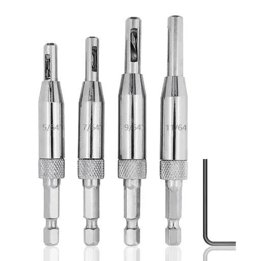 4Pcs Self Centering Hinge Drill Bits Set 1/4 Inch Hex Shank Hinge Drill Tool Woodworking Tools for Adjustable Door with 1 Hex Key