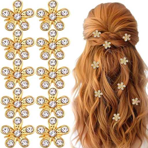 10pcs Mini Rhinestone Flower Hair Clips, Small Gold Flower Hair Clip for Women, Non-Slip Decorative Floral Bridal Barrettes Hairstyle Accessories for Weddings Party