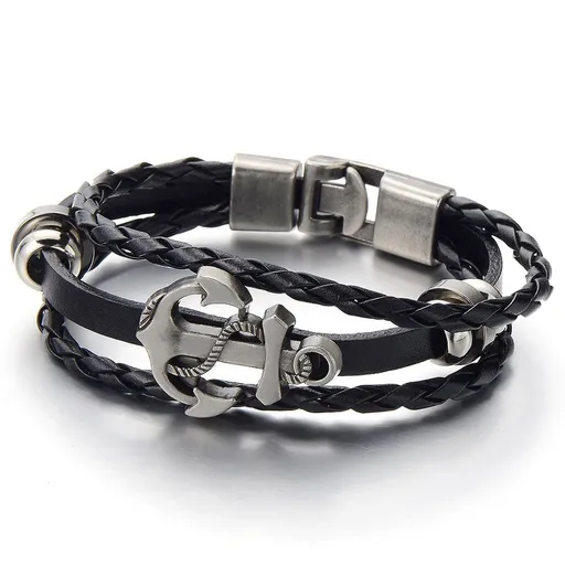 Vintage ship anchor bracelet, multi-layer woven versatile cowhide bracelet, personalized pirate style leather bracelet