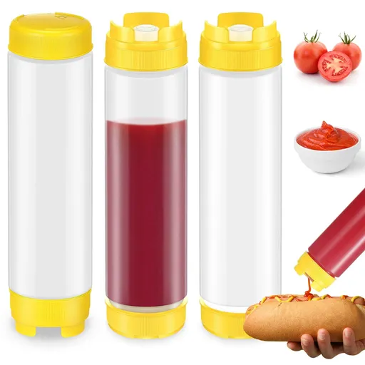 3 Pcs Refillable Tip Large Valve Dispenser Condiment Squeeze Bottle for Sauces Ketchup Sour Cream Self Sealing Syrup(Yellow)