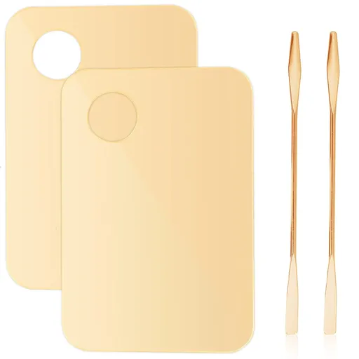 2Pcs Acrylic Makeup Mixing Palette with 2 Pcs Makeup Spatula, Gold Foundation Mixing Tray Cosmetic Palette Mixer for Foundation, Eyeshadow, Lipsticks, Nail Art