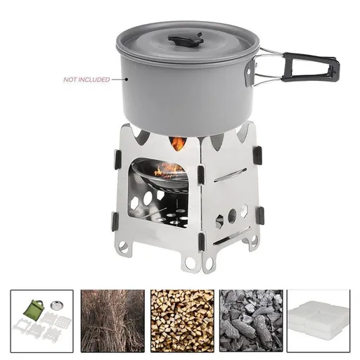 Portable Folding Stainless Steel Wood Stove Outdoor Camping Cookware with Storage Sack for Backpacking Hiking Fishing Picnic