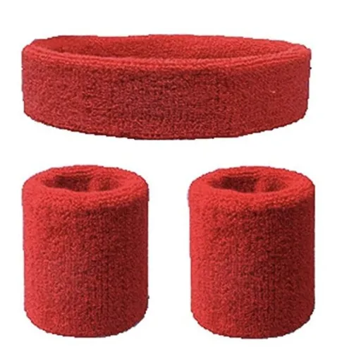 WRISTBAND & HEADBAND SET Tennis Terry Towelling Cotton Sweat Band Team Gym - Red