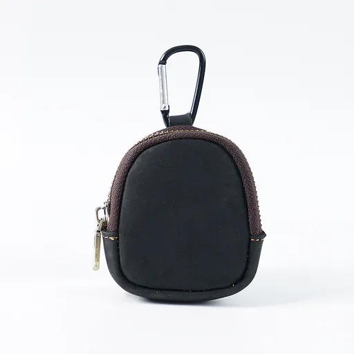 Black Genuine Crazy Horse Leather Mini Coin Purse Zipper Shell Pouch Small Earphone Case Key Holder with Carabiner Clip 8.5cm for Travel