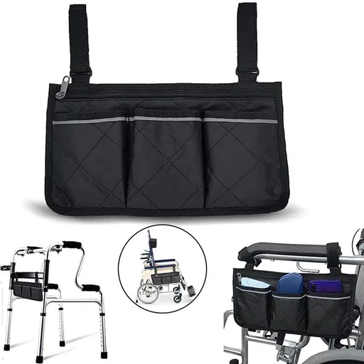 Wheelchair Armrest Storage Bag - Wheelchair Bag with 4 Storage Compartments - 32.5 x 18 cm - Waterproof Armrest Bag - with Safety Reflective Stripe - Universal Wheelchair Side Bag - Wheelchair Bag - Mobility Scooter Bag - Wheelchair Shopping Bag - Bl