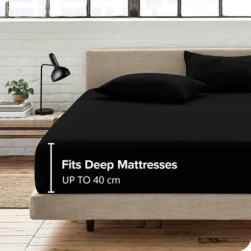 3 Piece Fitted Sheet Set- Fitted Sheet & Pillowcases -Breathable Bedding - Wrinkle, Fade, Stain Resistant- 40cm Deep Pocket Fitted Bed Sheet Set(Black,King)