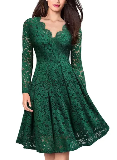 Long Sleeve Lace Dress V-Neck Dress Flared Dress Women'S Formal Dress Elegant - Green - Size XL