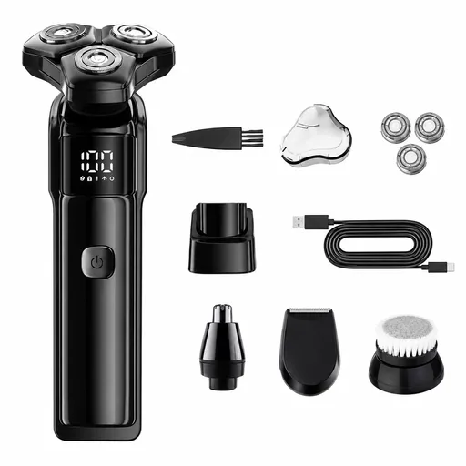 Men's 3-Head Electric Rotary Shaver Premium Set - Type-C Rechargeable LCD Grooming Kit for Daily Beard Care, Facial Grooming, Home, Bathroom and Travel Use