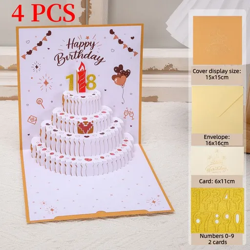 4-Pack - DIY Heart-Shaped Cake 3D Pop-Up Birthday Cards, Two-Color Papercut Foldable Greeting Cards - Gold