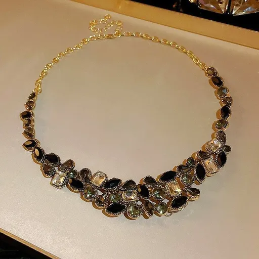 Gold Necklace with Black Stone | Christmas Edgy Luxury Gift | Black Rhinestone Floral Heart Necklace Vintage Bold Jewelry