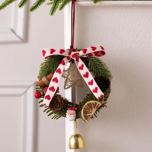 Christmas Bell Wreath Hanging Ornament, Star Wreath with Red Bow for Xmas Tree Scene Layout & Christmas Holiday Gift Decoration, Model D11