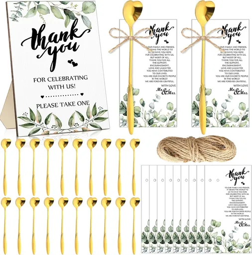 Party gifts - Wedding - Tea strainers - 25 pieces - Heart-shaped spoons - Stainless steel - Coffee and dessert spoons - Green plants for weddings - Thank you tape and string