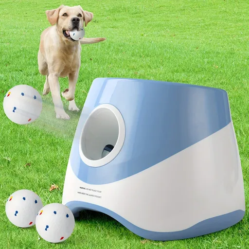 Automatic Dog Tennis Ball Launcher for Indoor & Outdoor Play, Adjustable 3-Speed Thrower with 3 Durable Chew Balls, Rechargeable Fetch Machine for Small, Medium, and Large Dogs (Blue)
