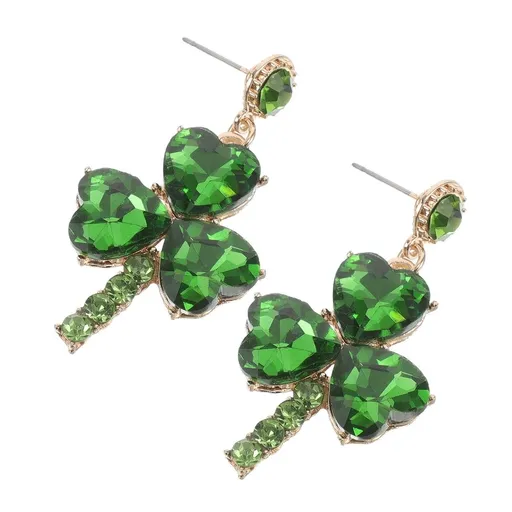Green Shamrock Dangle Earrings with Heart Rhinestones, 1 Pair St. Patrick's Day Jewelry Accessories