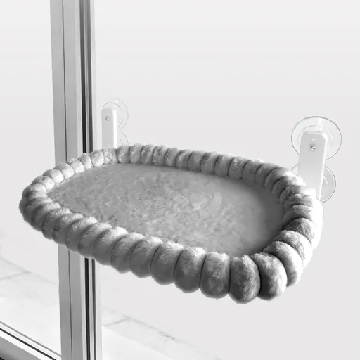 Grey Plush Cat Window Hammock with Strong Suction Cups, Faux Rabbit Fur Pet Bed for Cats and Small Dogs, Space-Saving Foldable Hanging Cat Perch for Sunbathing and Relaxation