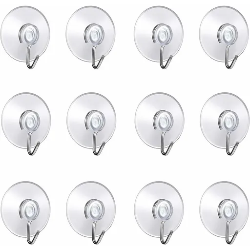 12 Pack Suction Cup Wall Hooks, Small Plastic Suction Cups With ROund Hook For Bathroom And Kitchen (4Cm)