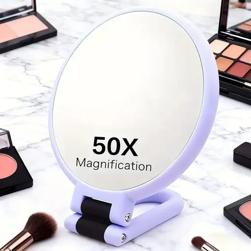 Double-sided Folding Makeup Mirror – 1X/50X Dual Magnification, 360° Rotatable and Foldable for Portability, Three Uses: Handheld, Desktop, Wall-mounted（purple）