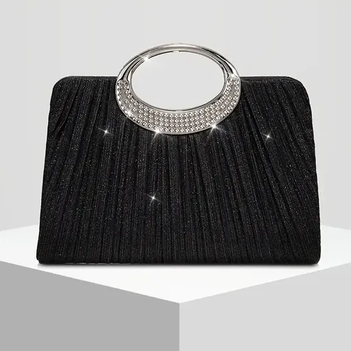 【Pleated Sparkle Evening Bag】​ Metal Ring Handle, Magnetic Snap Closure, Horizontal Square Polyester Clutch, Essential Elegant Accessory for Weddings & Parties./BLACK