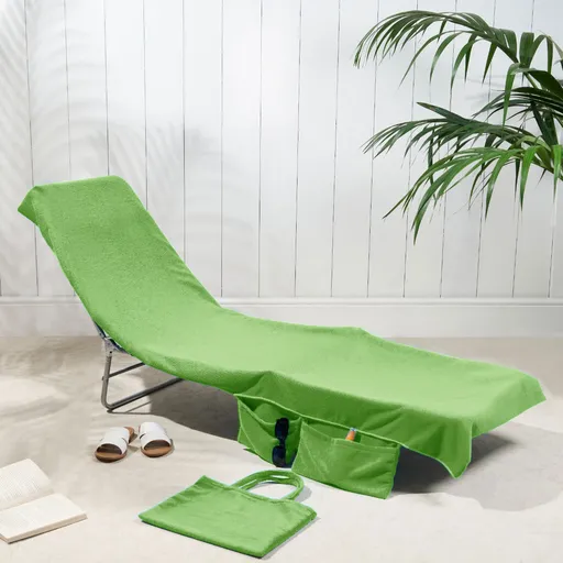 2-in-1 Green Microfiber Sun Lounger Towel & Portable Tote Bag - Sand-Free & Quick Dry Beach Chair Cover with Side Pockets (75x211cm)