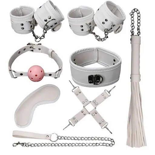 House Of Dasein 8 / Pcs Bdsm Bondage Set Fetish Kit Collar Gag Cuffs Leash Flogger Hogtie - White
