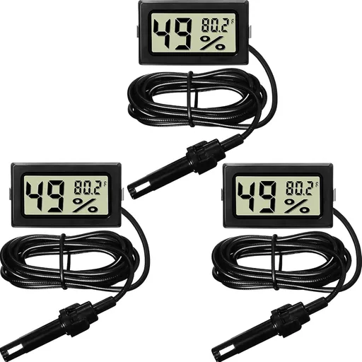 Mini Digital Temperature Humidity Meters Gauge with Probe Gauge LCD Fahrenheit Display Thermometer Hygrometer for Incubator Reptile Plant Greenhouse Chicken Coop Garden(Black, 3 Pieces,Batteries Not Included))